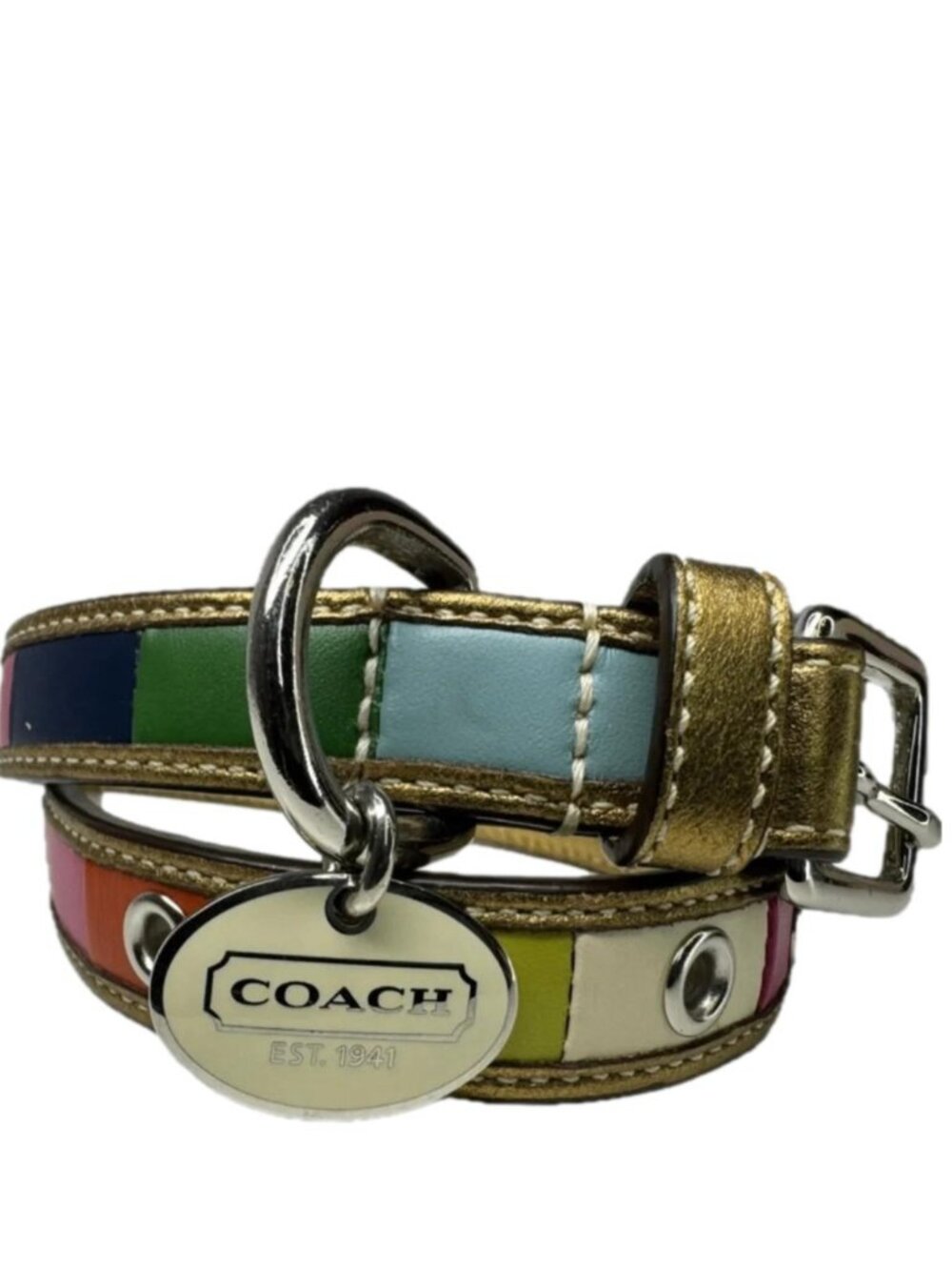 Coach 60194 Legacy Stripe Leather Charm Dog Collar Sz L NIB!
